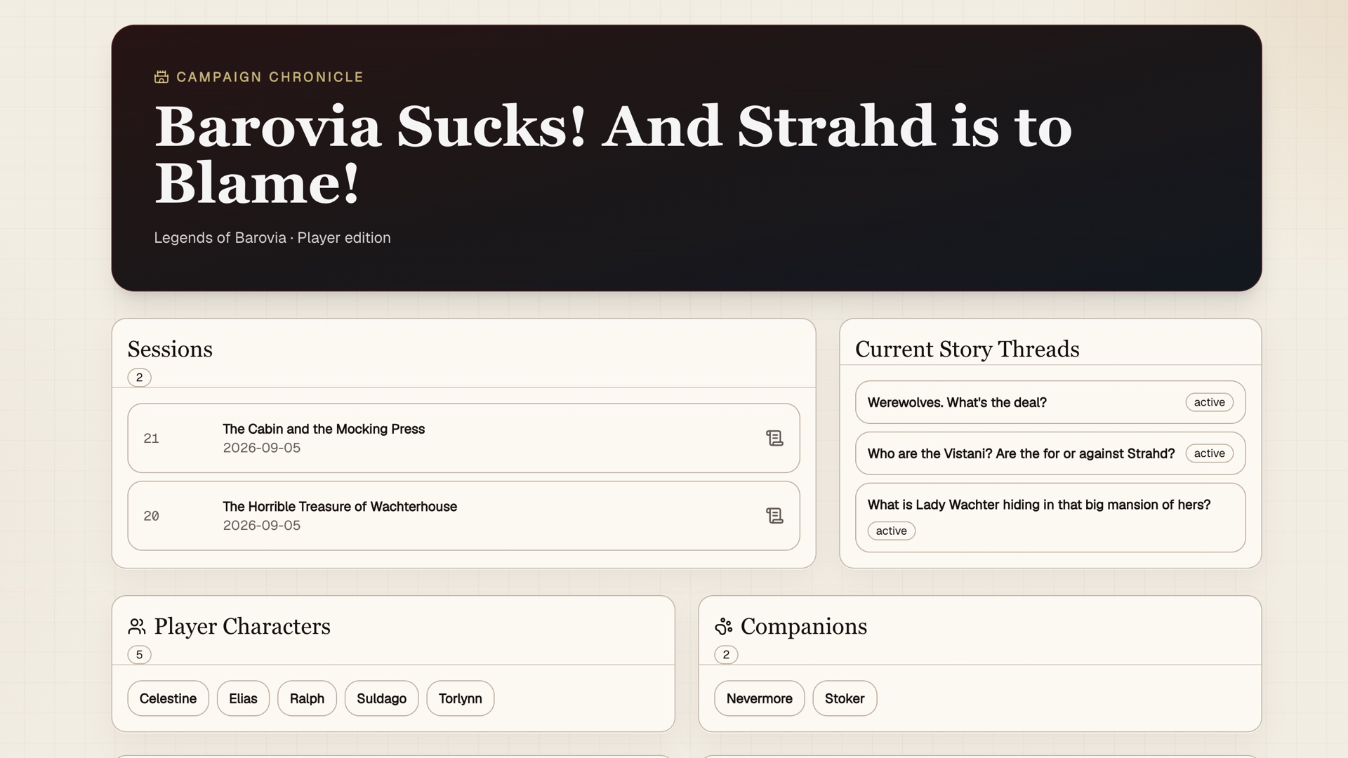 Player campaign website with session recaps, current story threads, characters, and companions